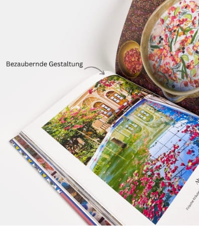 Open Persian cookbook with colorful garden scene and food photos, elegant design and inspiring food photography