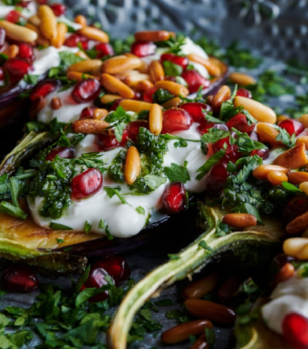 Close-up of grilled eggplant halves topped with creamy yogurt, green herb pesto, fresh pomegranate seeds, pine nuts, and parsley – perfect vegetarian oriental dish.